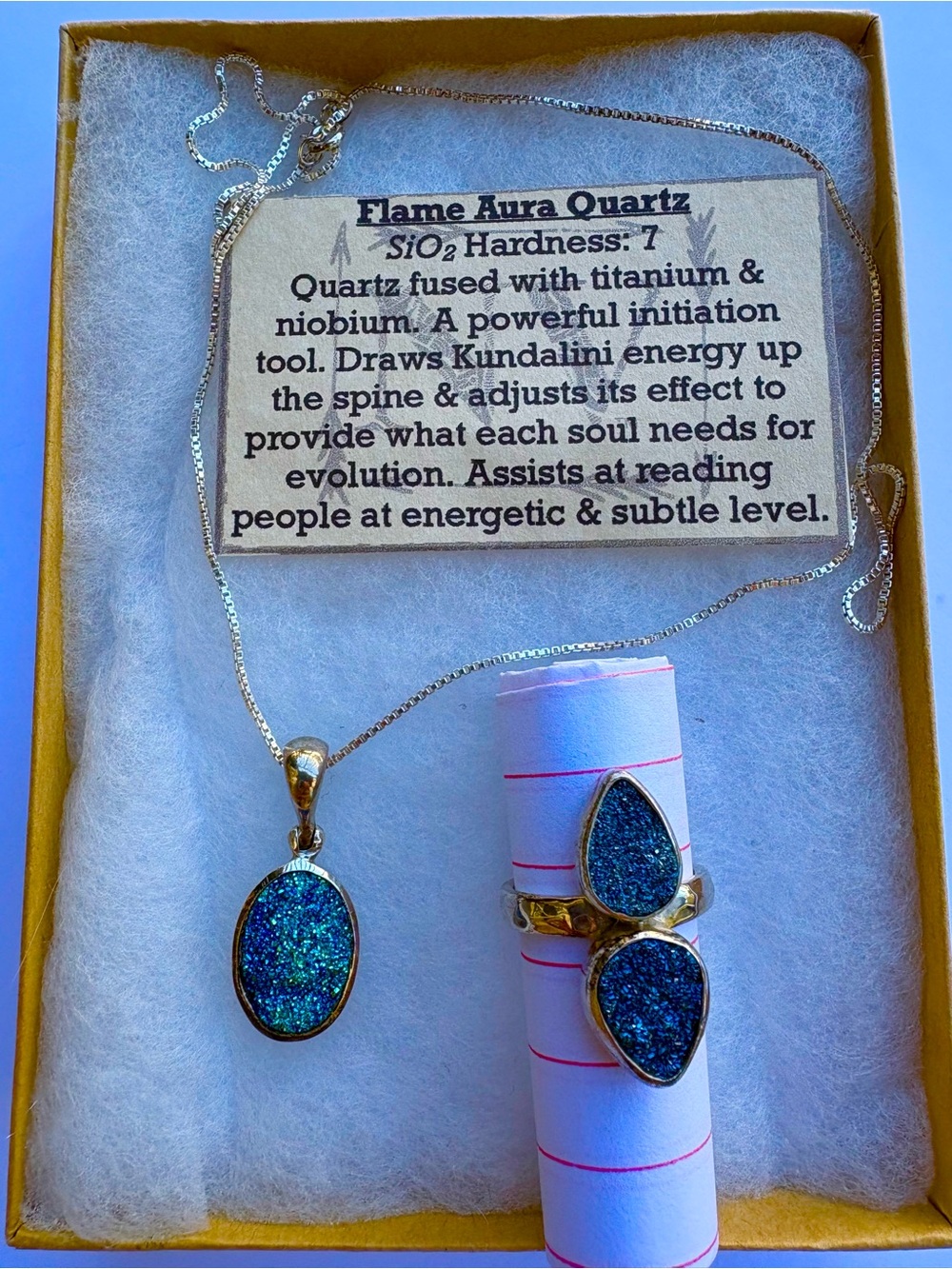 Flame Aura Quartz Blue Drusy Pendant and Ring Set